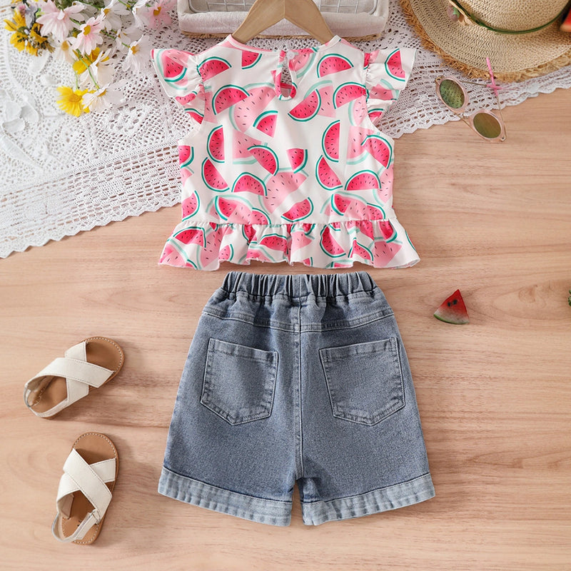 Girls Pink Watermelon Printed Ruffled Top With Denim Shorts Set Sets
