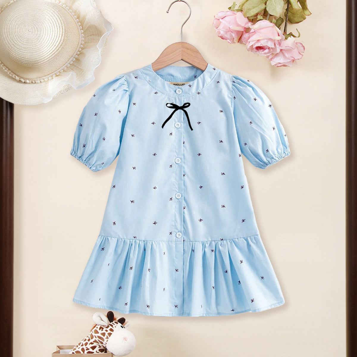 Girls Light Blue Ditsy Print A-line Shirt Dress Casual Dresses Sky Blue 3-4 Y
