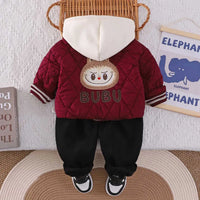 Boys Red Quilted Puffer Hooded Jacket With Jogger Sets Sets