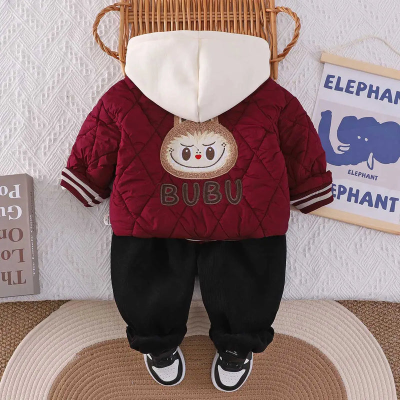Boys Red Quilted Puffer Hooded Jacket With Jogger Sets Sets