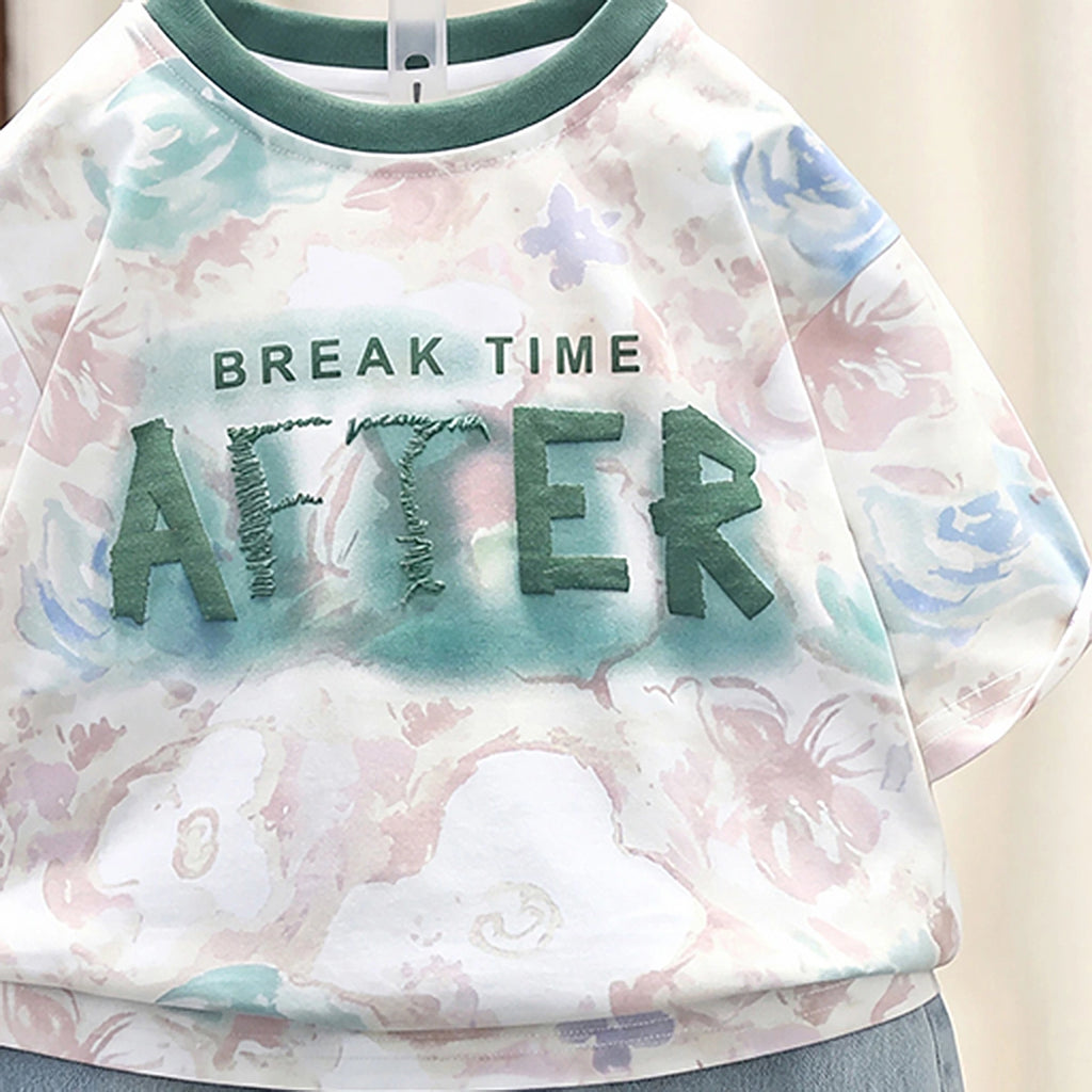 Boys Green Typography Print Short Sleeve T-Shirt With Distressed Denim Shorts Sets 2 pc. Sets