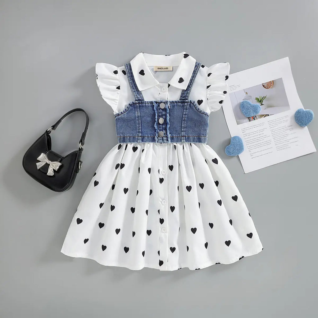 Girls White Heart Printed Shirt Dress With Denim Sleeveless Vest Casual Dresses White 3-4 Y