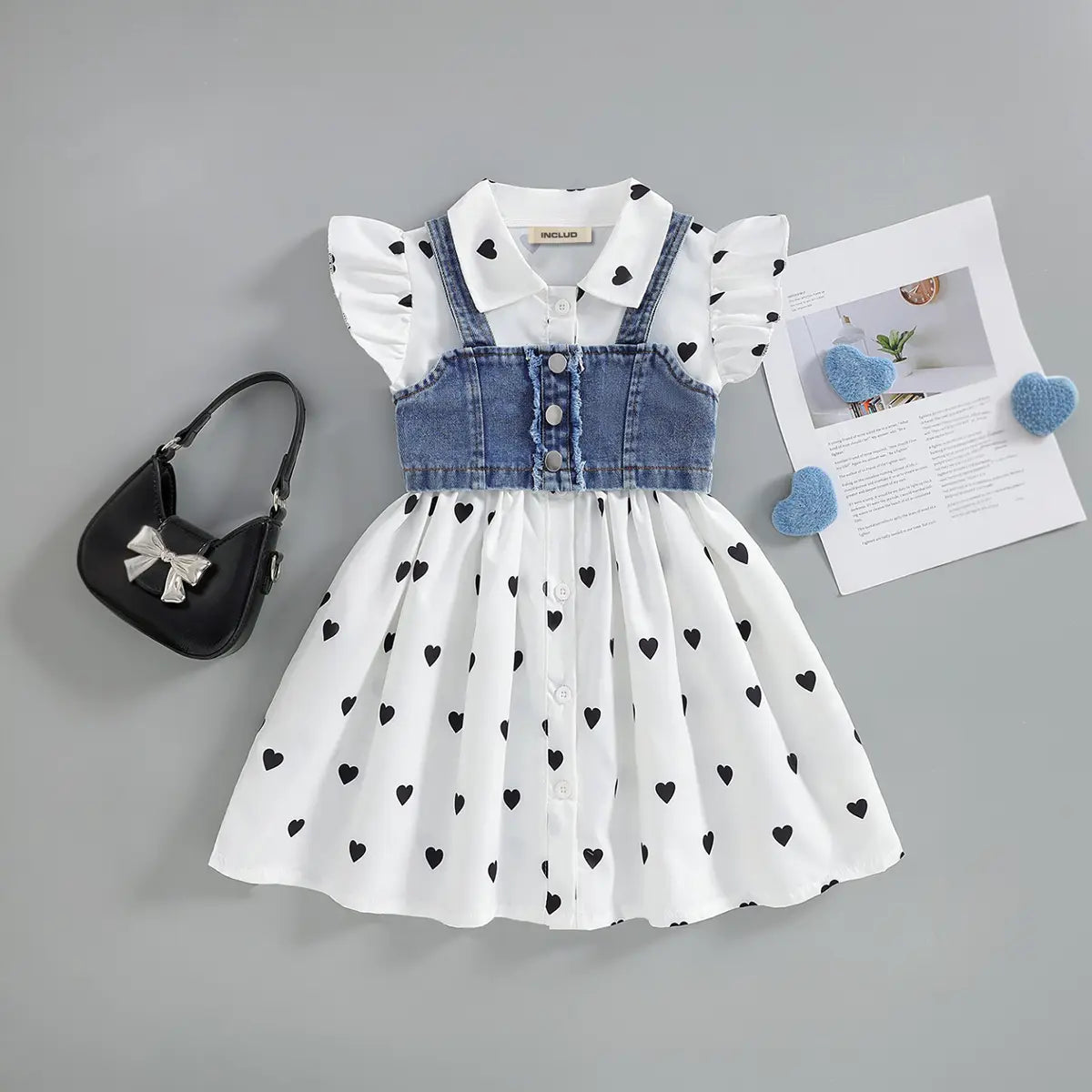 Girls White Heart Printed Shirt Dress With Denim Sleeveless Vest Casual Dresses White 3-4 Y