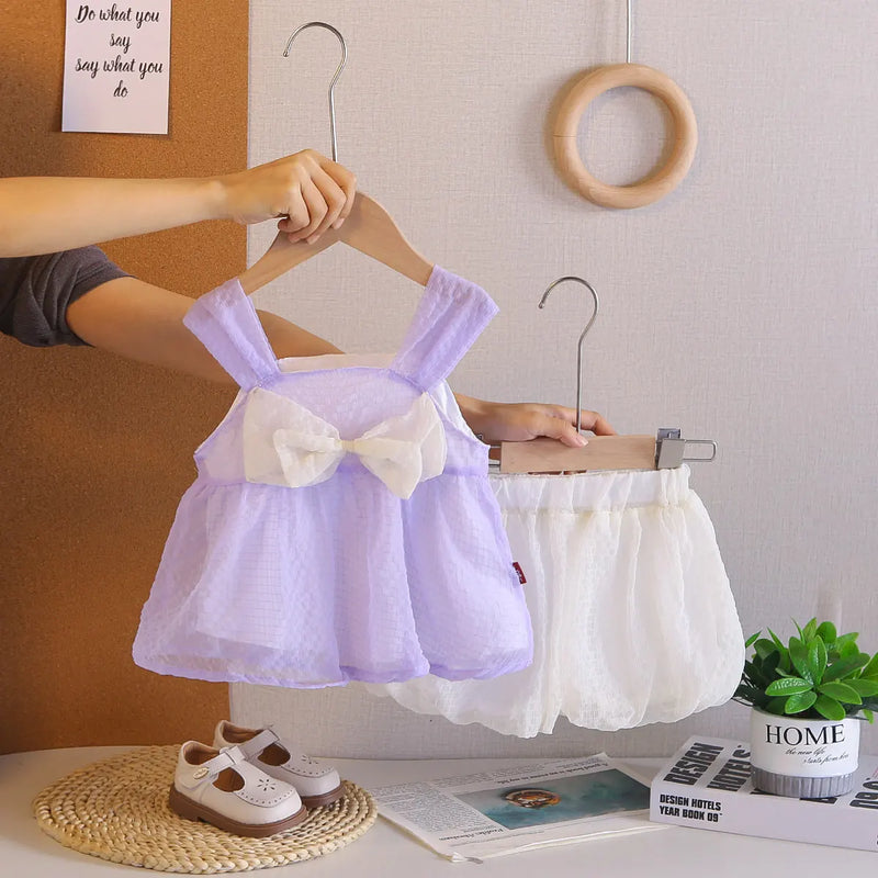 Girls Purple Checked Sleeveless Top With Bloomer-style Shorts Sets Sets Purple 1-2 Y