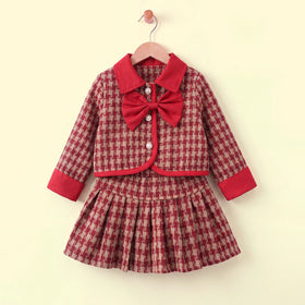 Girls Red Checked Long Sleeve Jacket With Skirt Sets 2 pc. Sets Red 1-2 Y
