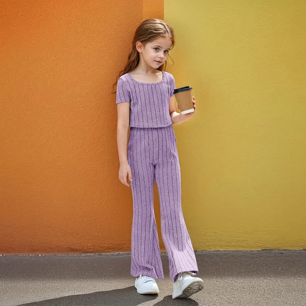 Girls Purple Textured Short Sleeve Top With Flared Pants Sets 2 pc. Sets