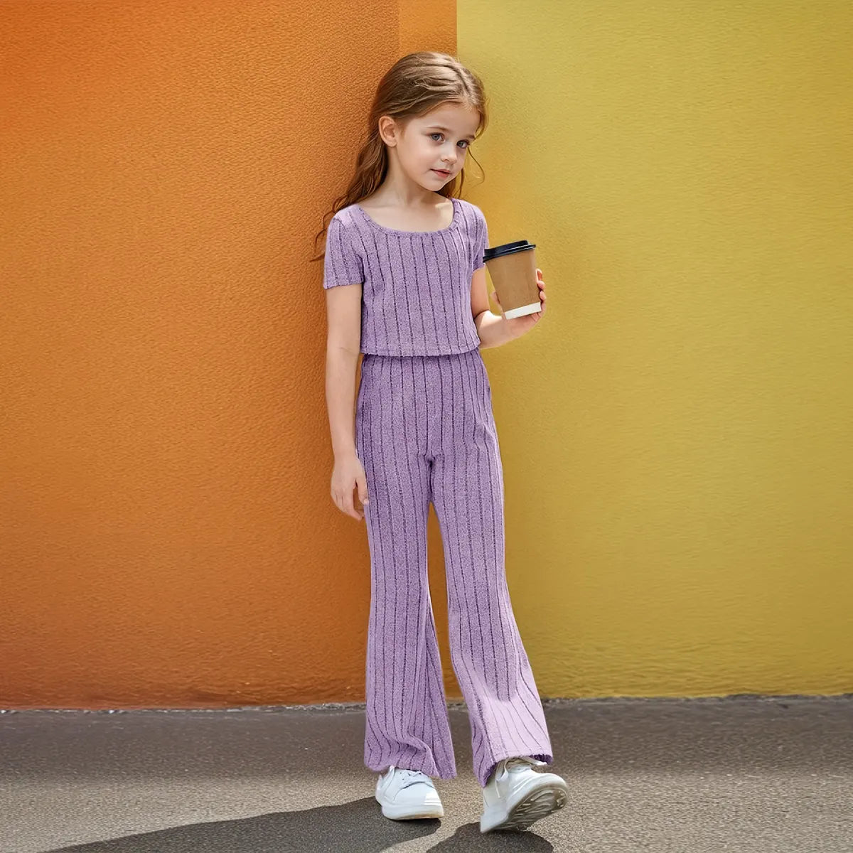Girls Purple Textured Short Sleeve Top With Flared Pants Sets 2 pc. Sets