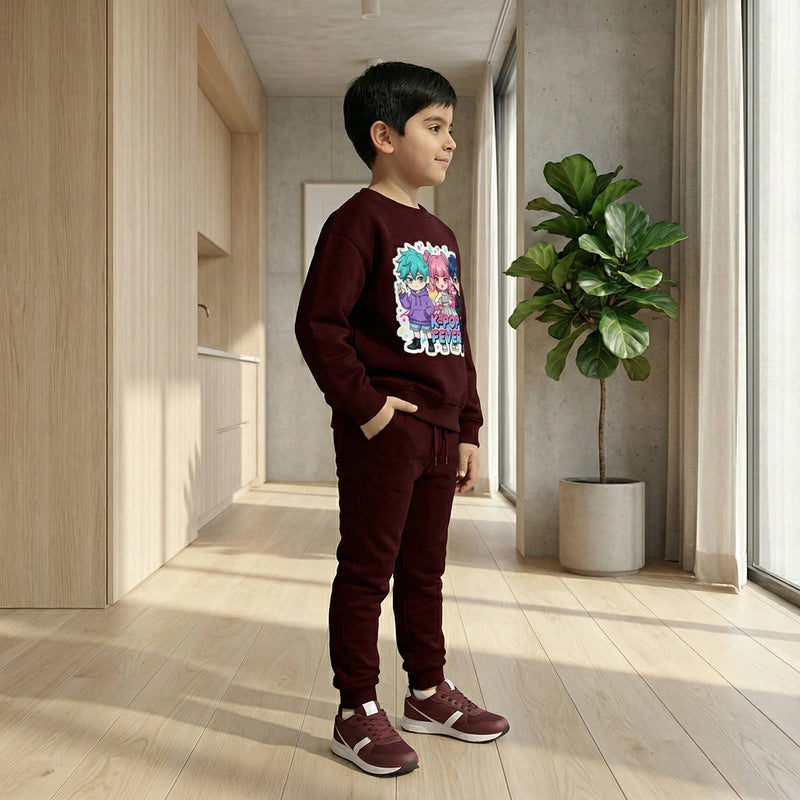 Boys Maroon K-Pop Fever Graphics Sweatshirt With Jogger Co-ord Sets Sets