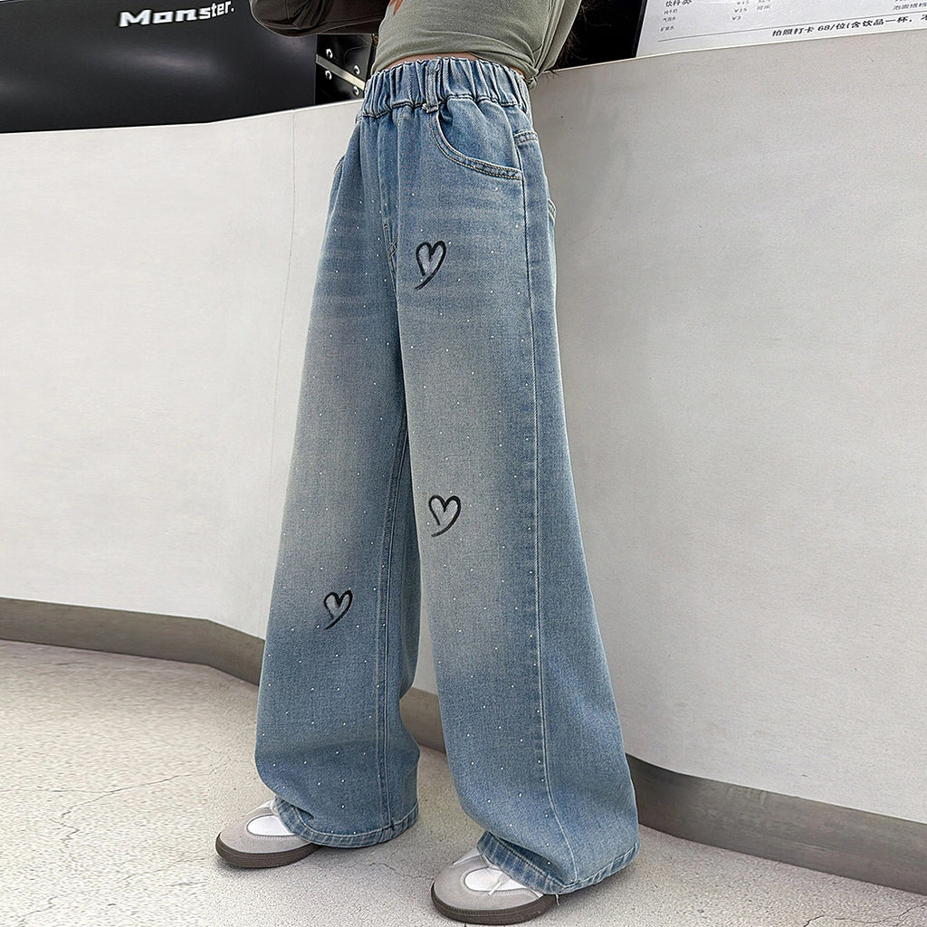 Girls Light Blue Heart Graphic Loose Fit Denim Jeans Pants