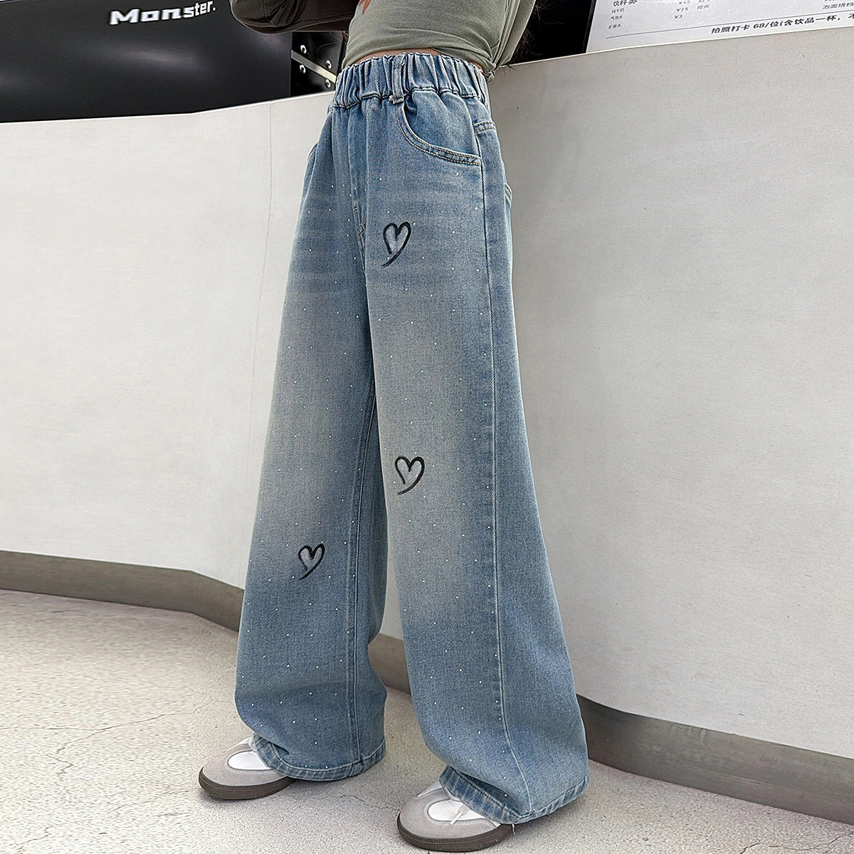 Girls Light Blue Heart Graphic Loose Fit Denim Jeans Pants