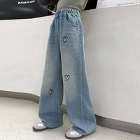 Girls Light Blue Heart Graphic Loose Fit Denim Jeans Pants
