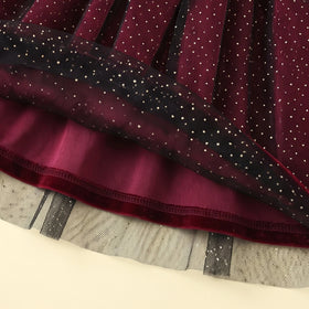 Girls Maroon Glitter Print Long Sleeve Fit & Flare Dress Casual Dresses