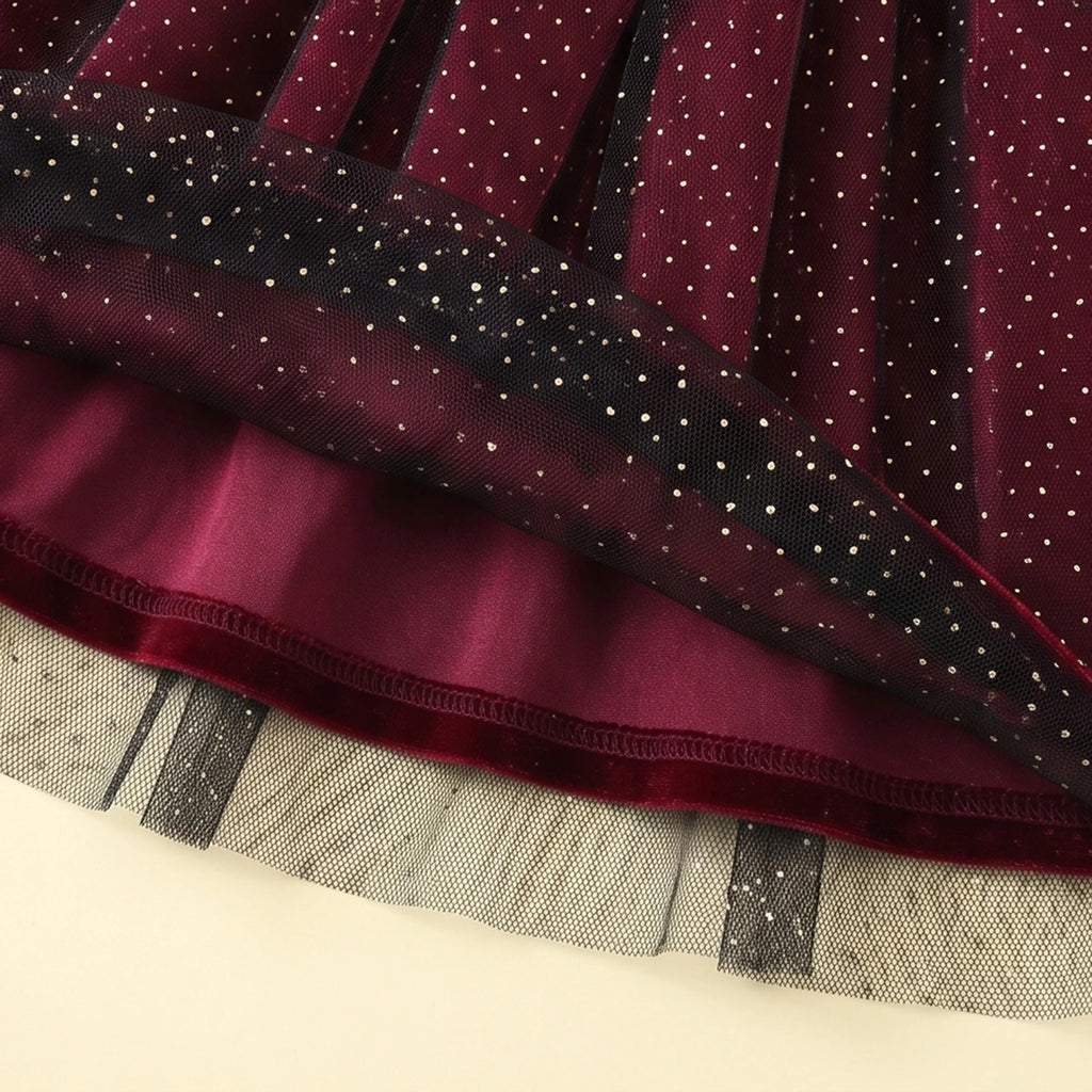 Girls Maroon Glitter Print Long Sleeve Fit & Flare Dress Casual Dresses