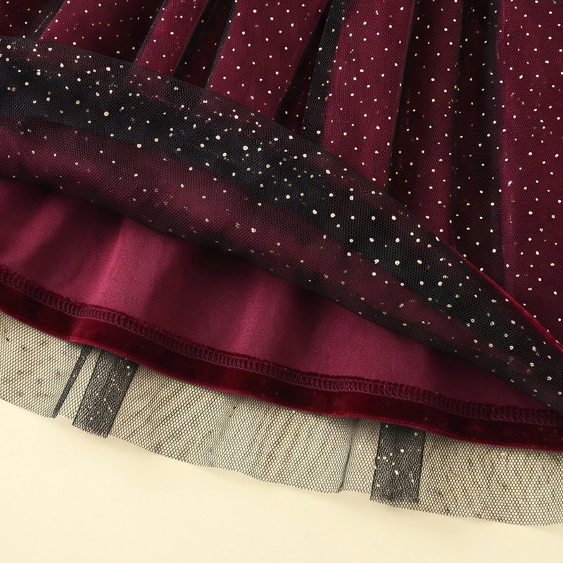 Girls Maroon Glitter Print Long Sleeve Fit & Flare Dress Casual Dresses
