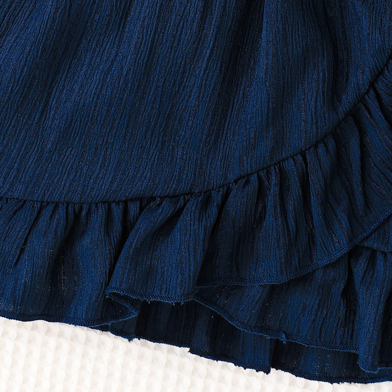 Girls Navy Blue Flutter Sleeves Bottom Ruffled Dress Casual Dresses
