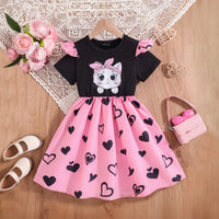 Girls Black Heart Print Short Sleeve Fit & Flare Dress Casual Dresses Black 3-4 Y