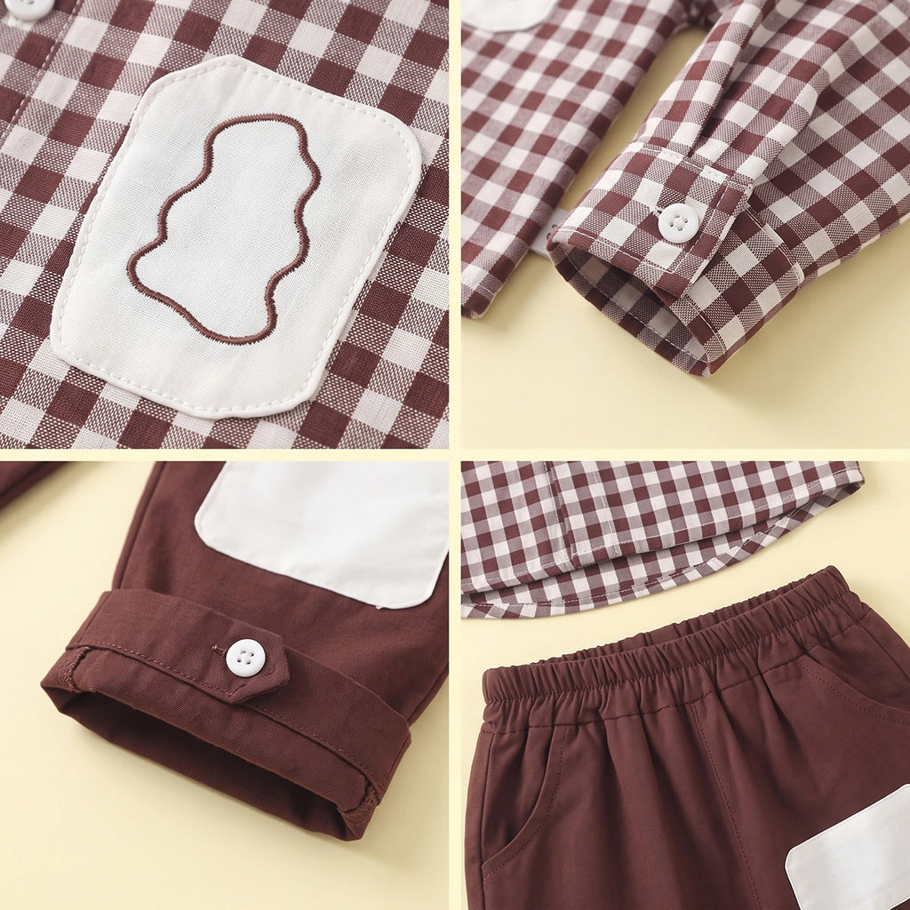 Boys Brown Checked Long Sleeves Shirt & Pants Sets Sets