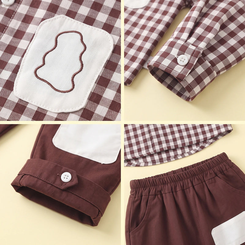 Boys Brown Checked Long Sleeves Shirt & Pants Sets Sets