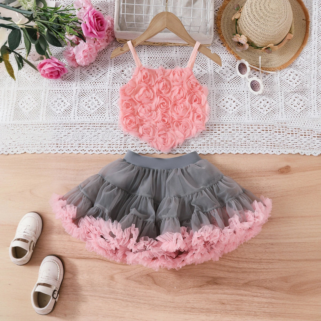 Girls Peach Floral Applique Crop Top With Tiered Tulle Skirts Set Sets Peach 3-4 Y