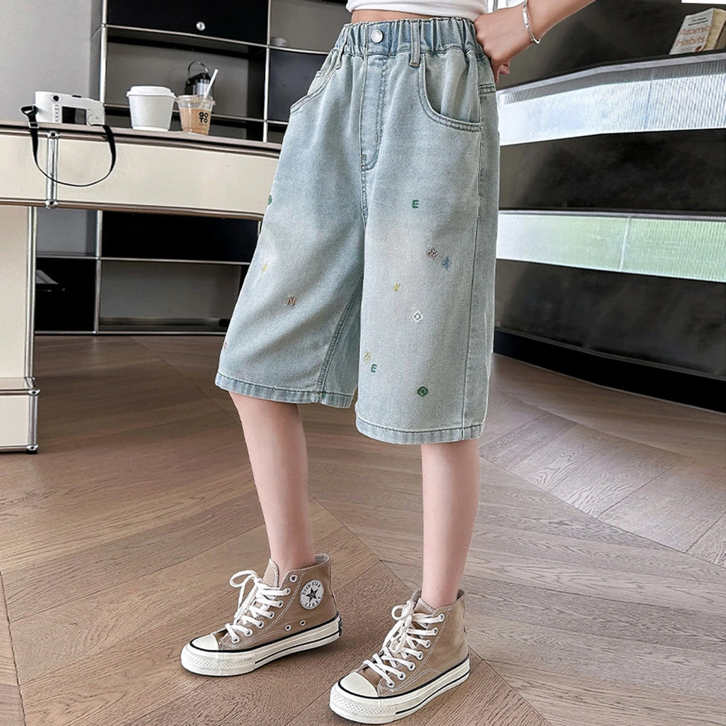 Girls Light Blue Embroidered Relaxed Fit Denim Shorts Shorts