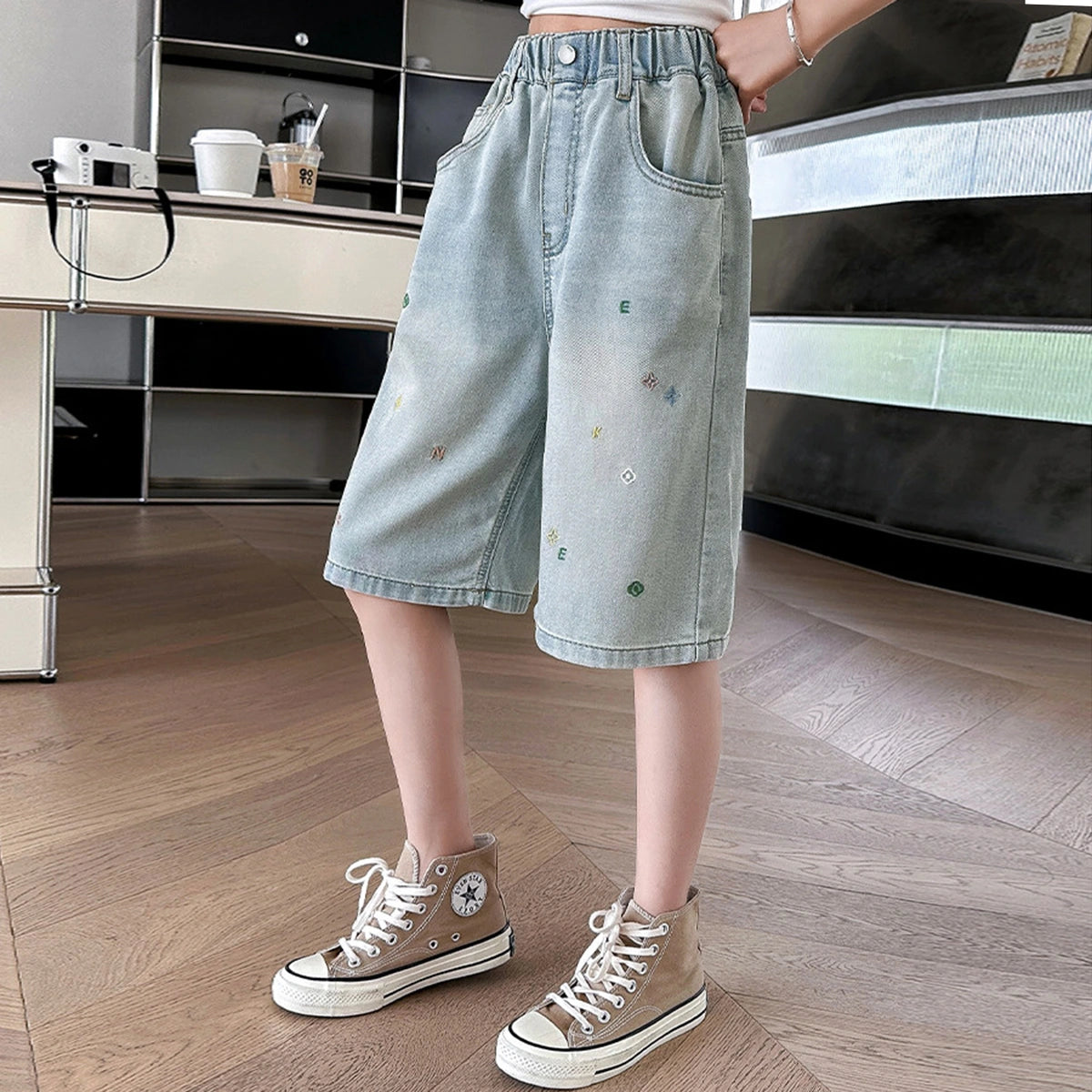 Girls Light Blue Embroidered Relaxed Fit Denim Shorts Shorts