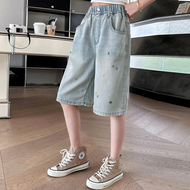 Girls Light Blue Embroidered Relaxed Fit Denim Shorts Shorts