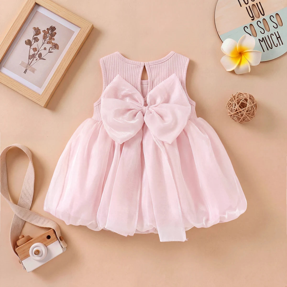 Girls Pink Bow Detailed Sleeveless Balloon Dress Casual Dresses