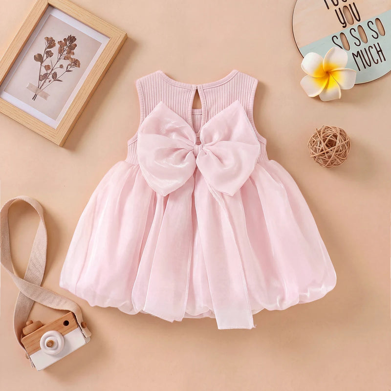 Girls Pink Bow Detailed Sleeveless Balloon Dress Casual Dresses
