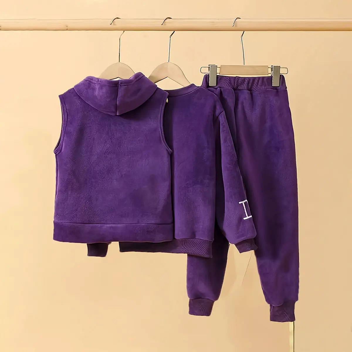Girls Purple Alphanumeric Printed Sweatshirt With hooded Vest & jogger Co-ord Sets Sets