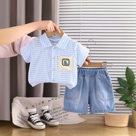 Boys Blue Checked Short Sleeve Shirt With Denim Shorts Sets 2 pc. Sets Blue 1-2 Y