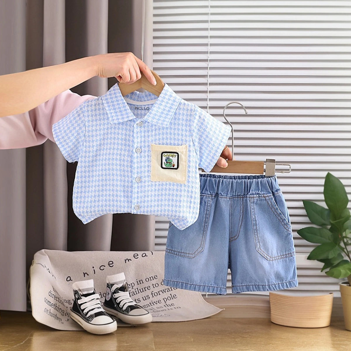 Boys Blue Checked Short Sleeve Shirt With Denim Shorts Sets 2 pc. Sets Blue 1-2 Y