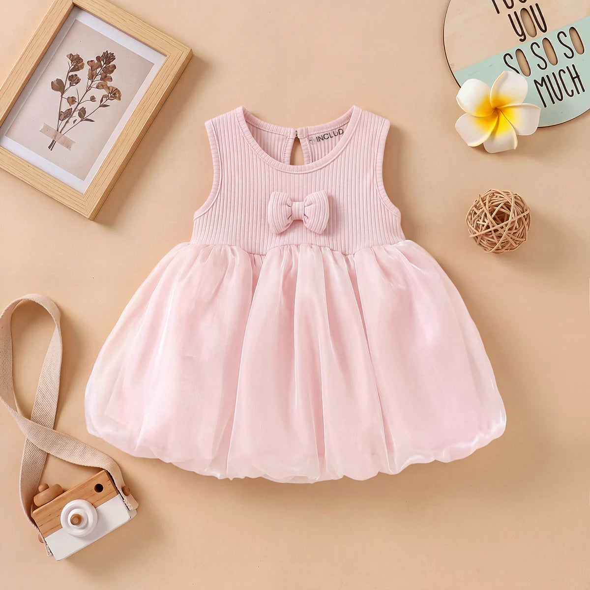 Girls Pink Bow Detailed Sleeveless Balloon Dress Casual Dresses Pink 1-2 Y