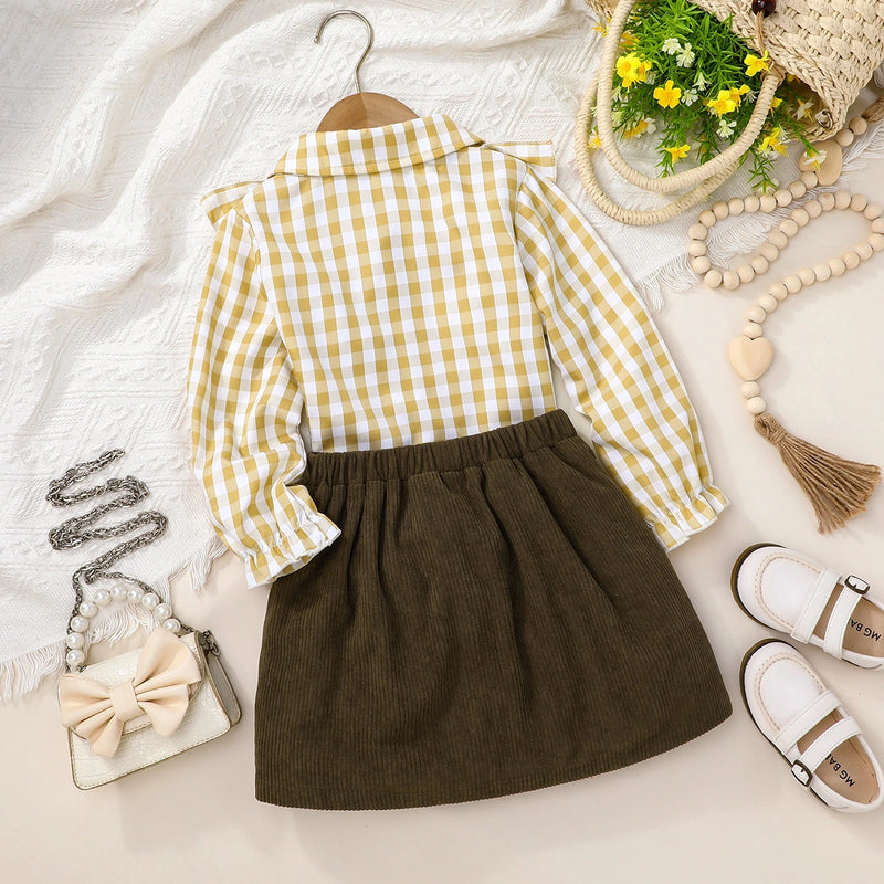 Girls Yellow Checked Long Sleeves Top With Skit Sets Sets