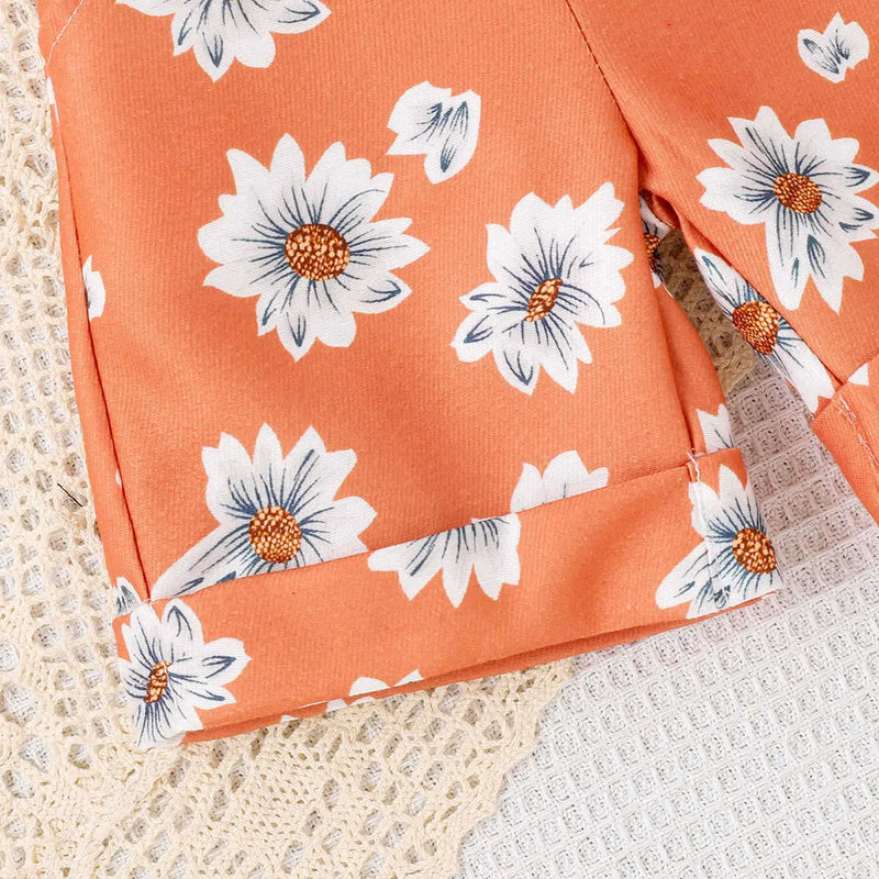 Girls Orange Floral Print Adjustable Strap Dungaree Jumpsuits