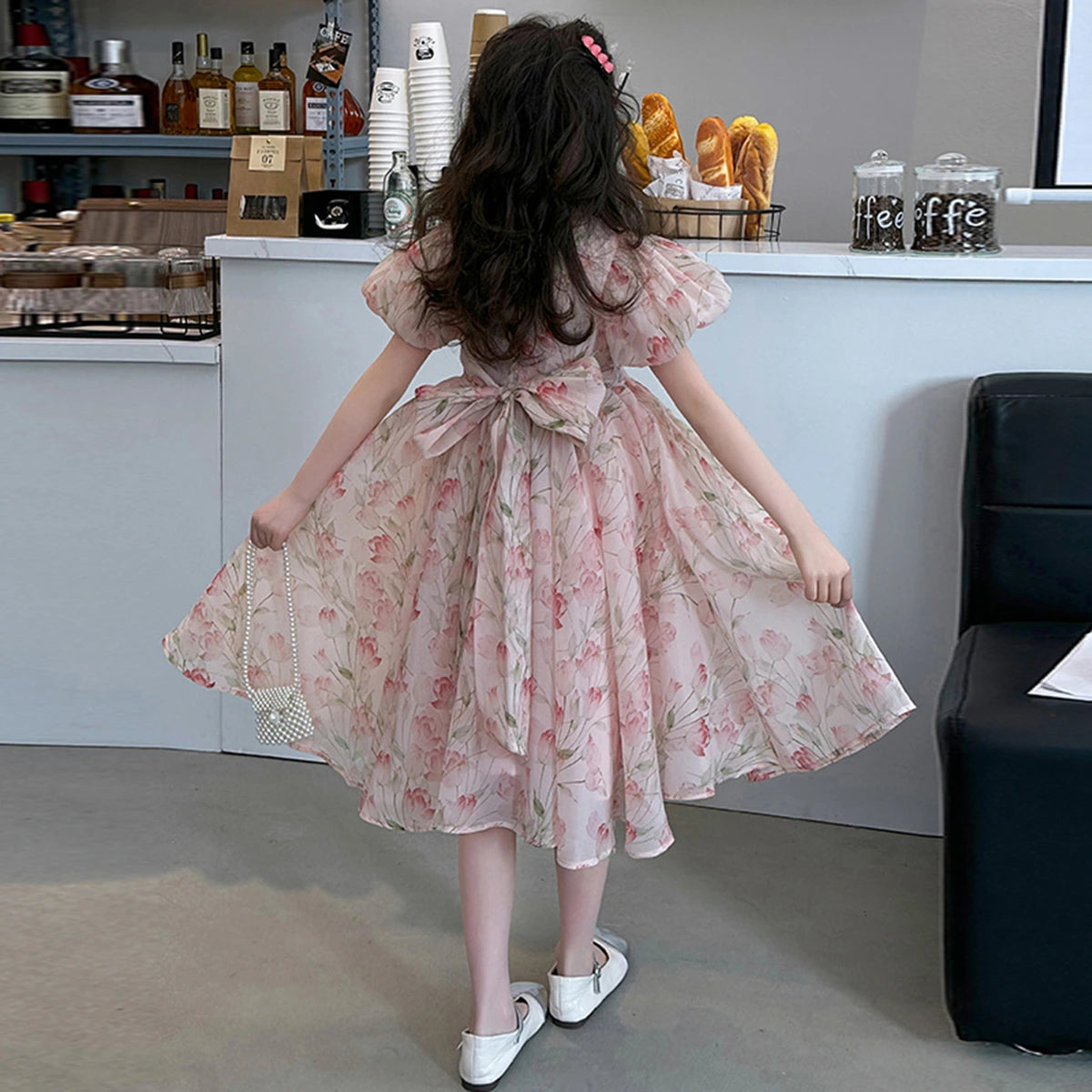 Girls Pink Floral Print Fit & Flare Dress With Puff Sleeves Casual Dresses