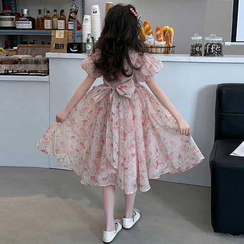 Girls Pink Floral Print Fit & Flare Dress With Puff Sleeves Casual Dresses