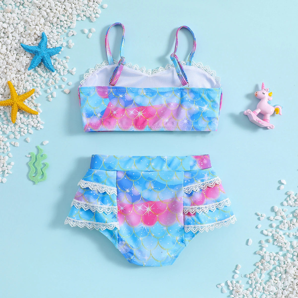 Girls Light Blue Abstract Printed Sleeveless Top With Briefs Swimwear Sets Sets