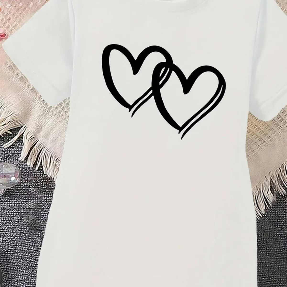 Girls White Heart Print Short Sleeve T-Shirt Dress Casual Dresses