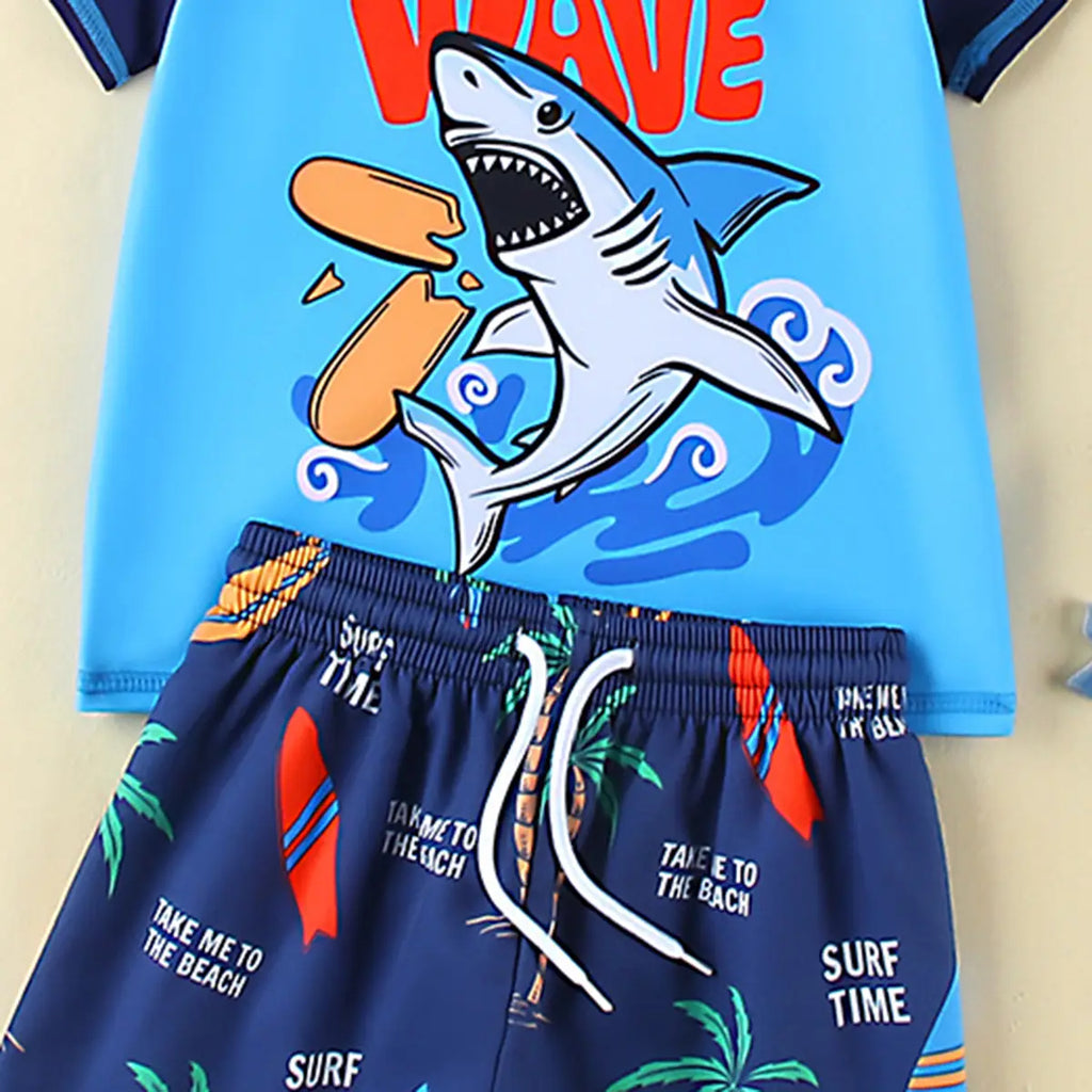 Boys Blue Graphics T-Shirt With Shorts & Swim Cap Swimwear Sets Beachwear