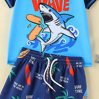 Boys Blue Graphics T-Shirt With Shorts & Swim Cap Swimwear Sets Beachwear