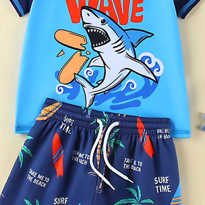 Boys Blue Graphics T-Shirt With Shorts & Swim Cap Swimwear Sets Beachwear