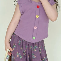Girls Purple Ruffle Neck Top With Floral Print Pants Sets Sets