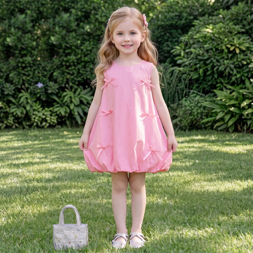 Girls Pink Bow Applique Sleeveless Balloon Dress Casual Dresses Pink 1-2 Y