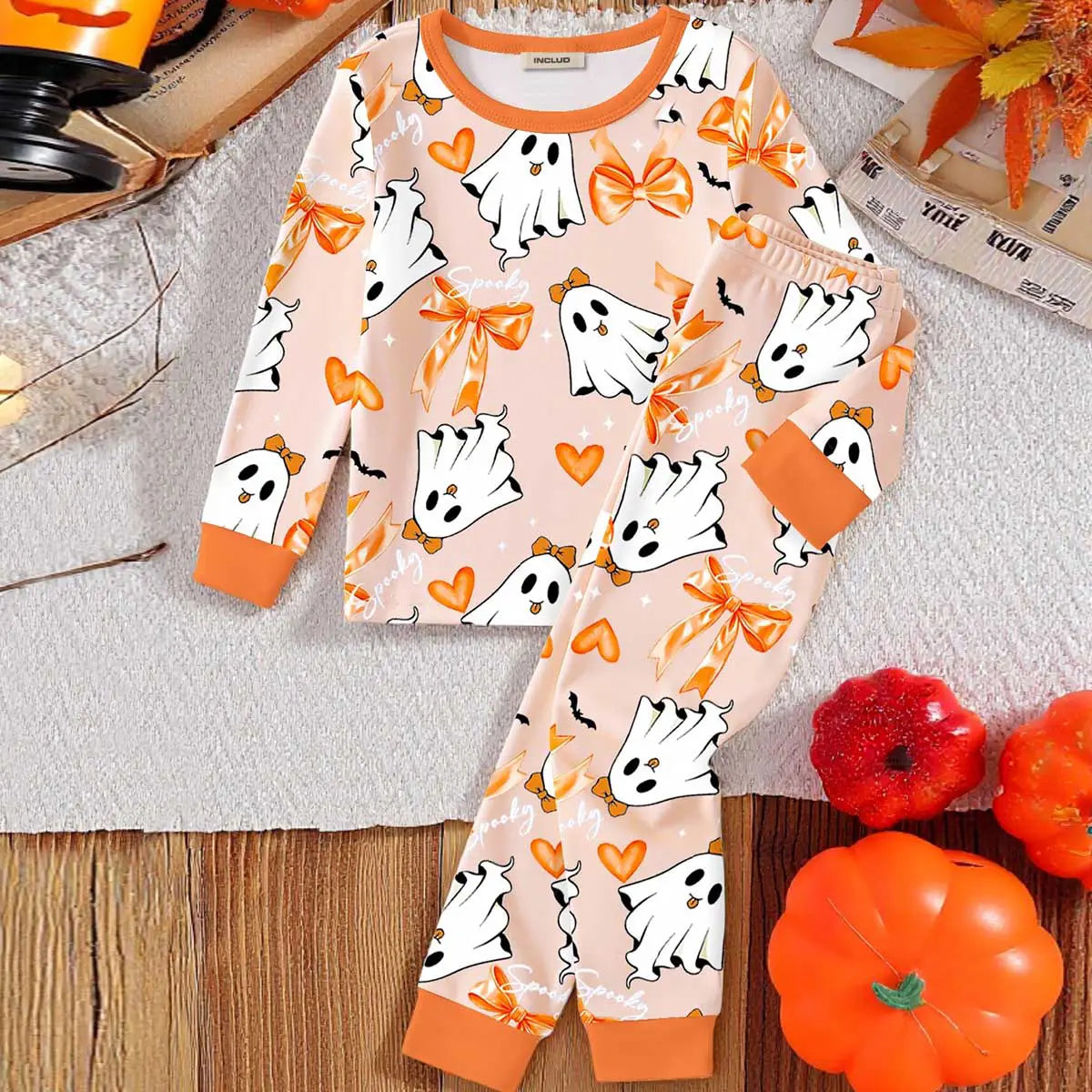 Girls Orange Halloween-Themed Printed T-Shirt With Jogger Co-ord Sets 2 pc. Sets