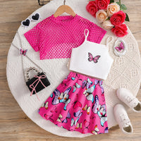 Girls Fuchsia Crop Top With Camisole Top And Butterfly Printed Skirt Sets 3 pc. Sets Fuchsia 3-4 Y