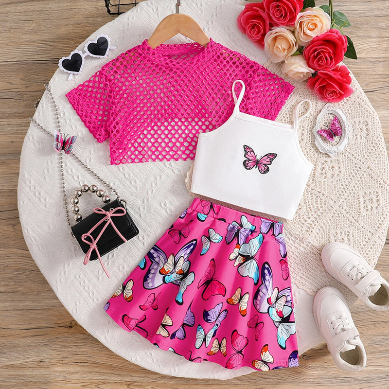 Girls Fuchsia Crop Top With Camisole Top And Butterfly Printed Skirt Sets 3 pc. Sets Fuchsia 3-4 Y