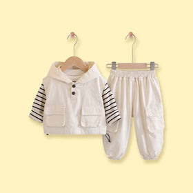 Boys Off White Striped Hooded Vest & Pants With T-Shirt Sets 3 pc. Sets Off White 1-2 Y