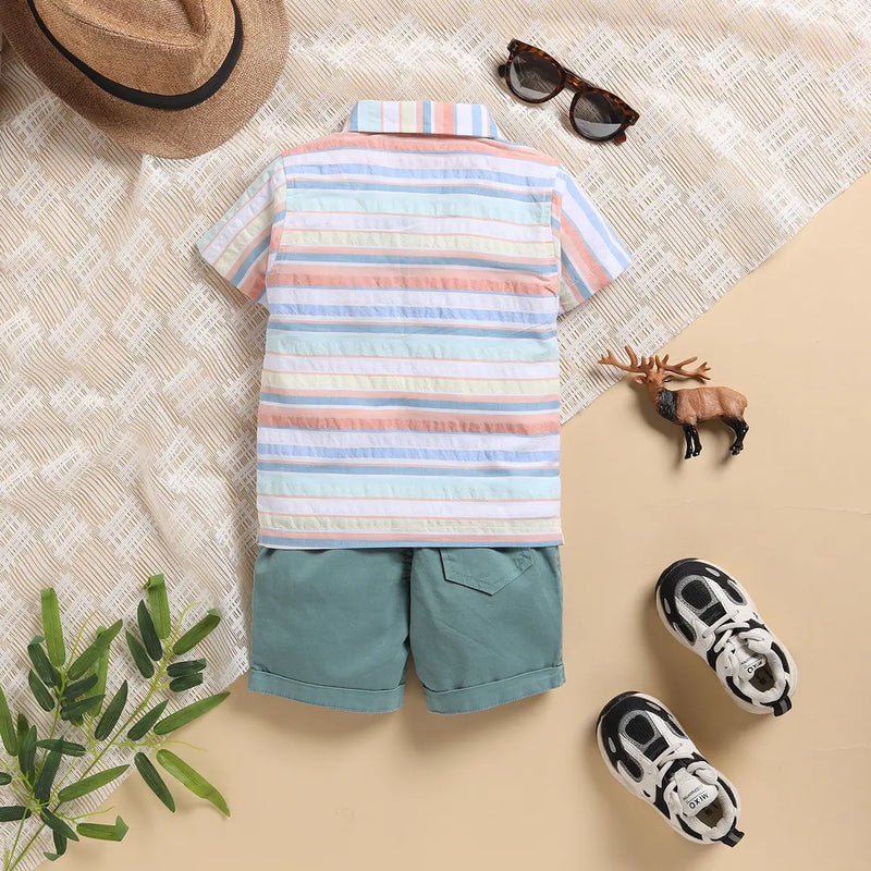 Boys Green Stripes Lion Embroidery Shirt With Twill Shorts Sets 2 pc. Sets