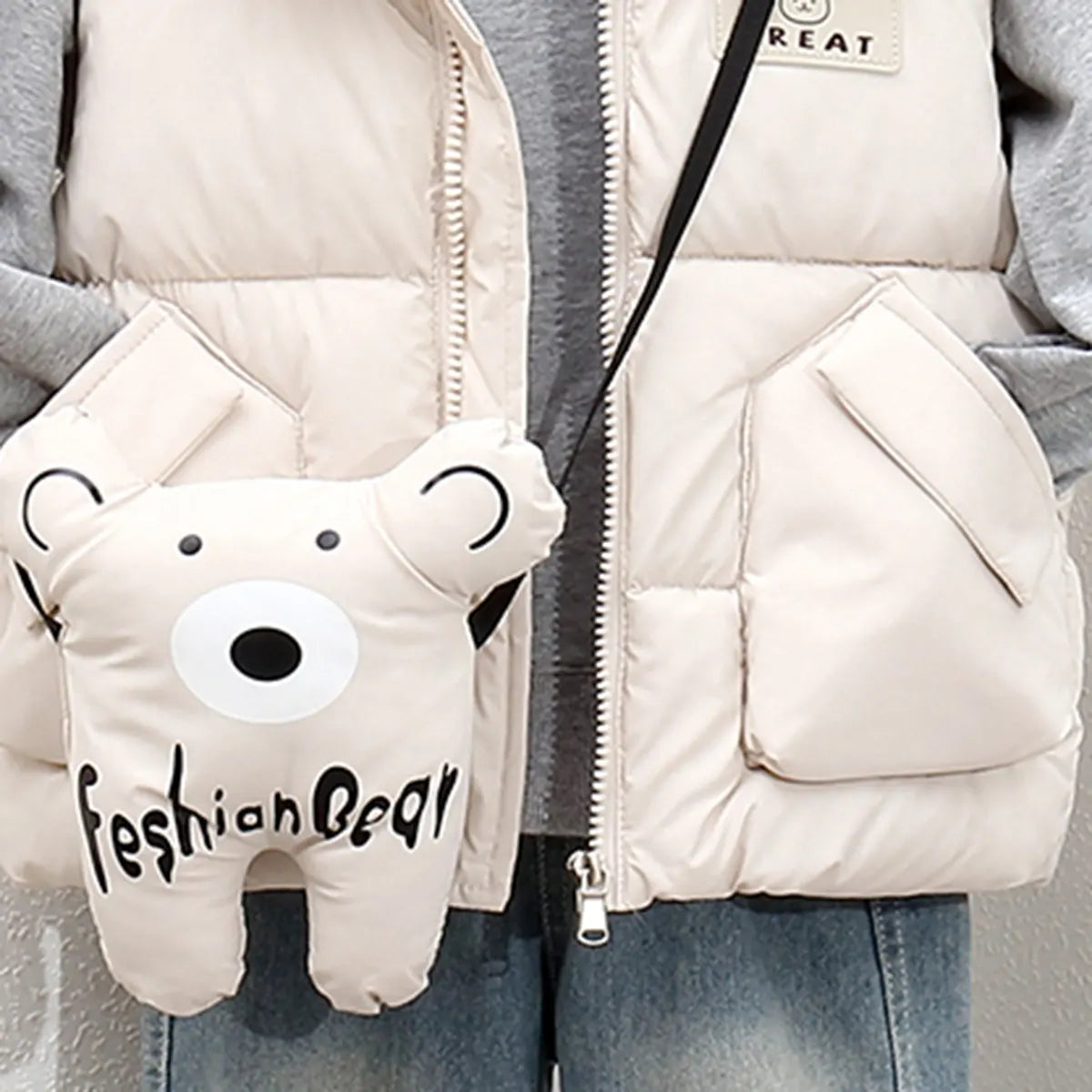 Boys Beige Hooded Sleeveless Puffer Vest With Patch Pockets Coats & Jackets