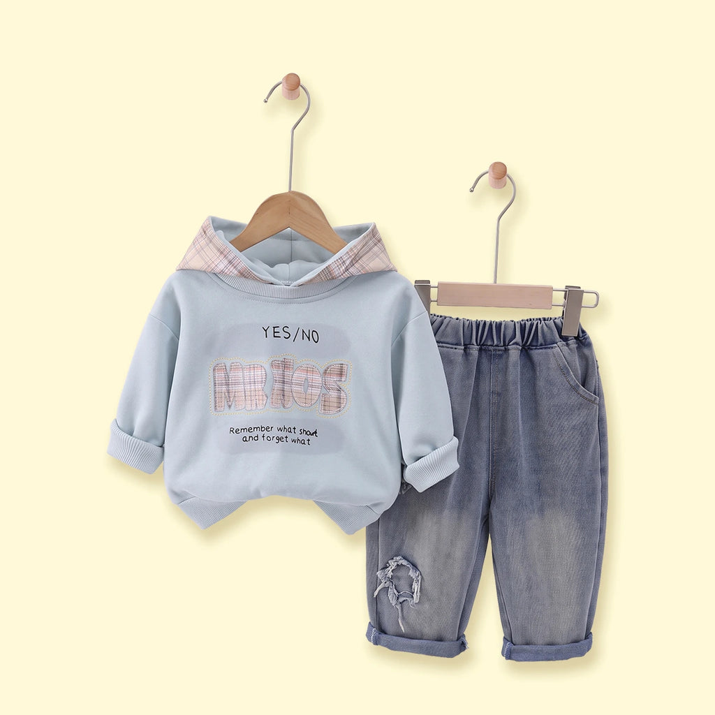 Boys Light Blue Typographic Sweatshirt With Denim Pants Sets 2 pc. Sets Light Blue 1-2 Y